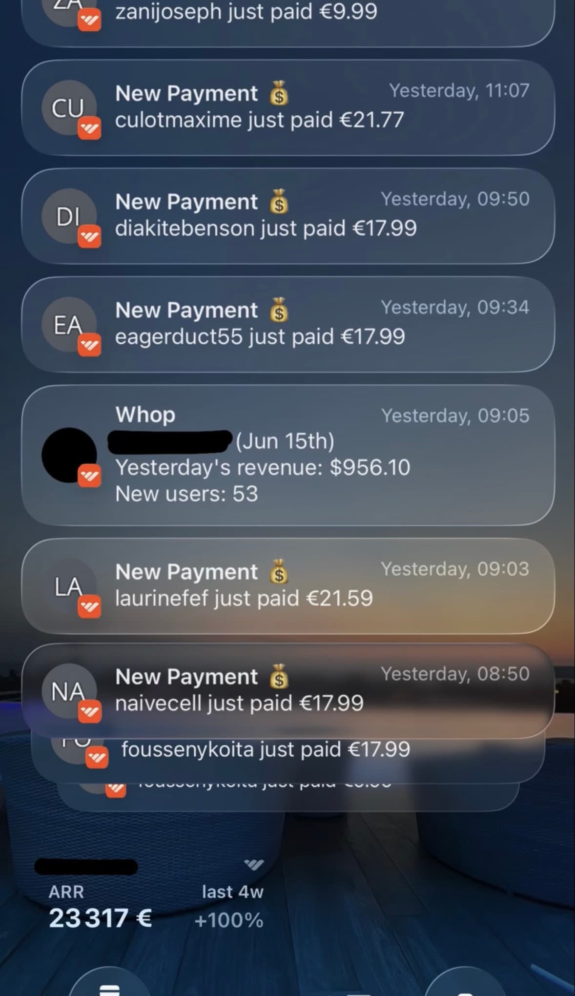 Notifications Whop de paiements reçus, revenu de la veille 956 $, ARR 23 317 €