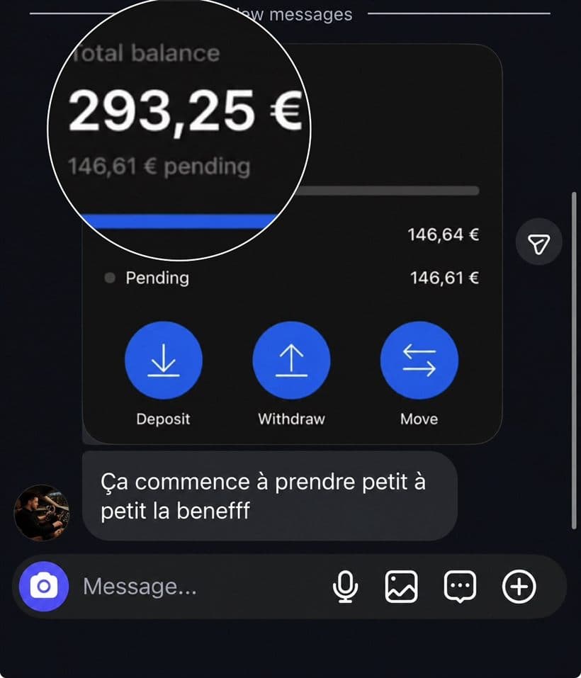 Message d'un membre : 293,25 € de solde sur son compte