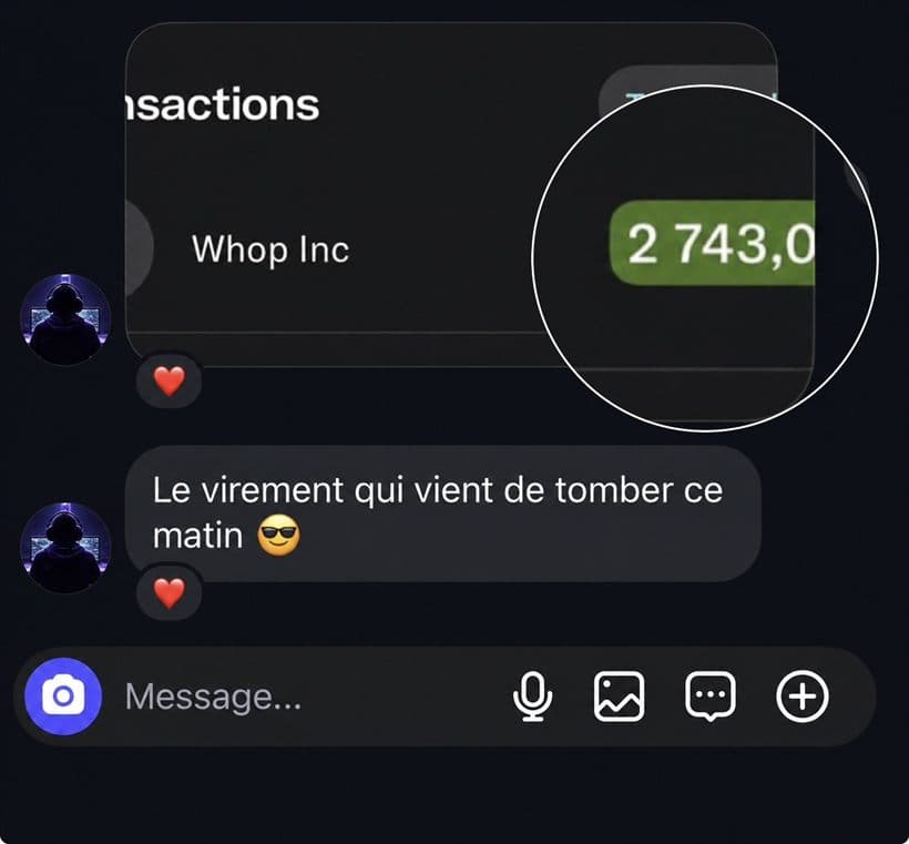 Message d'un membre : virement de 2 743 € reçu